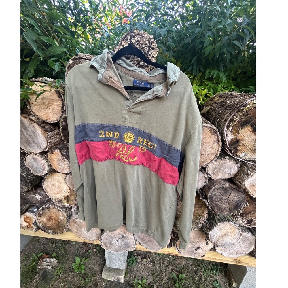 Polo Ralph Lauren Rugby Cotton 2nd Regt Crest Olive Green Vintage Military Prep